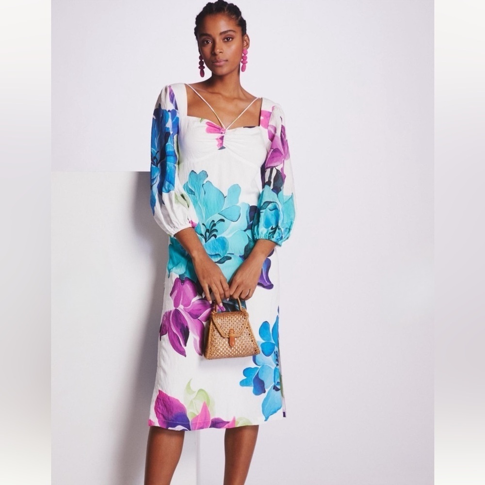 Anthropologie Maeve Floral Printed Midi Dress White Size 0 NEW
